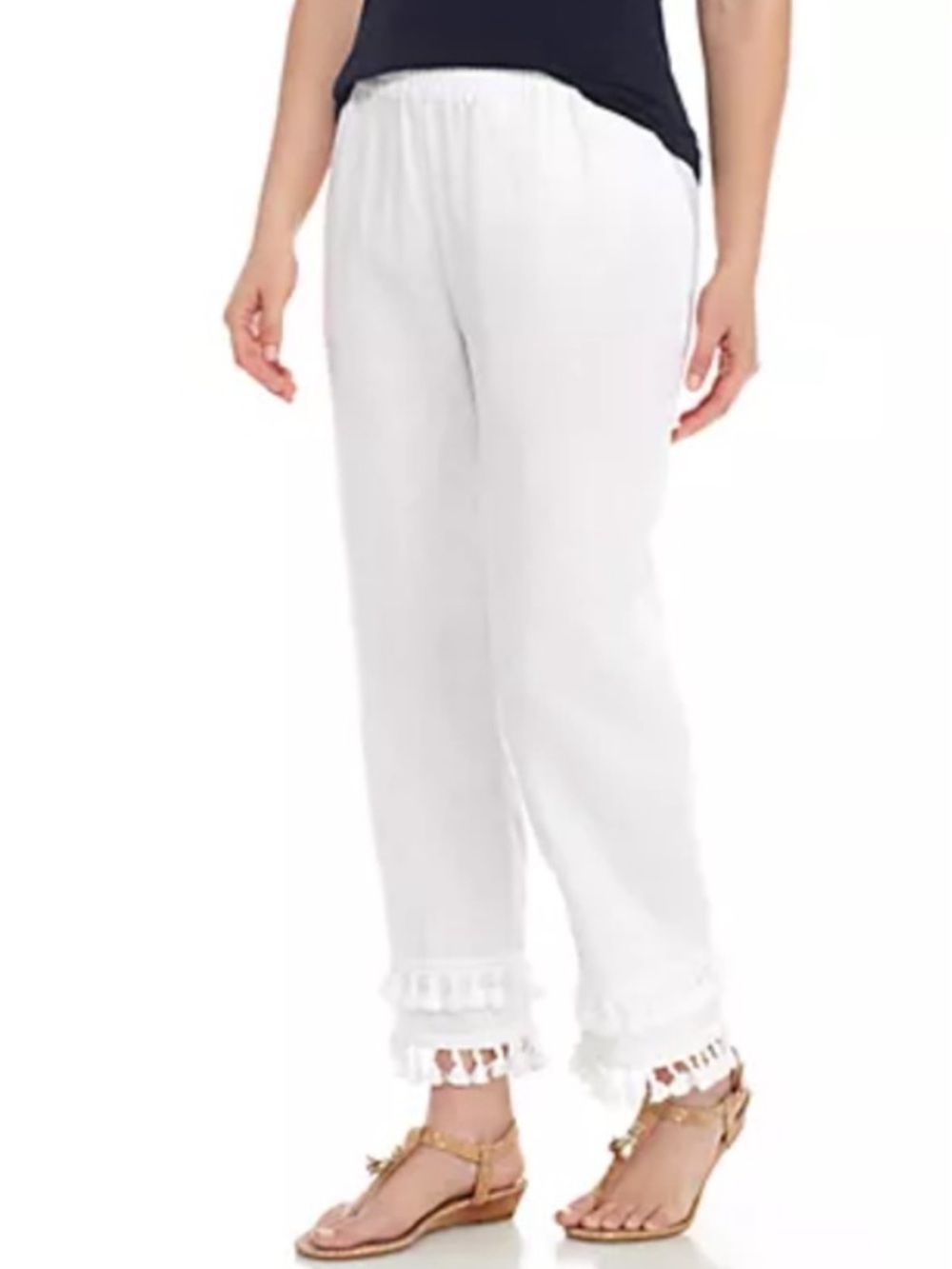 RACHEL ZOE White 100% Linen Tassel Hem Elastic Waist Pants Size XL